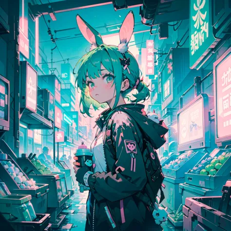 cyberpunk style,Rabbit technique,1 girl,green hair, kawaiitech, Pastel colors, kawaii, cutecolors,numbness