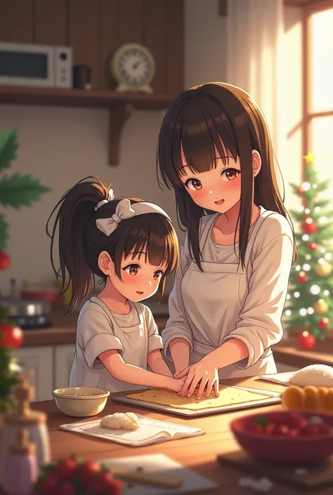 Anime mother and daughter cook cooking Christmas