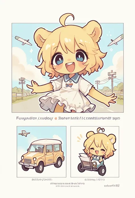 kawaii chibi character, riding a paper plane, traveling the world, laughing out loud with teeth showing, laughing with joy, big droopy eyes, huge mouth, yellow fluffy messy wavy short hair, ahoge, wearing fluffy dress, BREAK background world map, immersive...