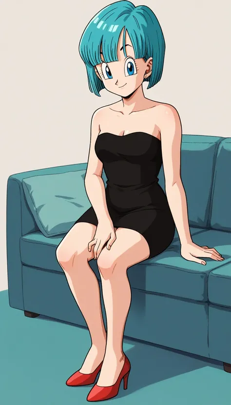 Bulma, Short hair, pelo aguamarina, bob cut. Blue eyes, bare shoulders, strapless, medium breast, a strapless black tube dress, cleavage, sitting on a sofa, full body, bare legs with red heels, smile, looking at viewers