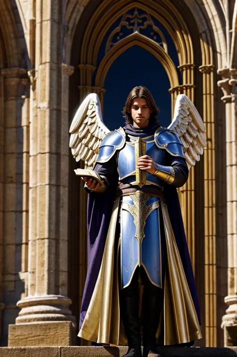 Paladin knight, angelic wings, holy aura, holding the bible on his right hand, cathedral background 