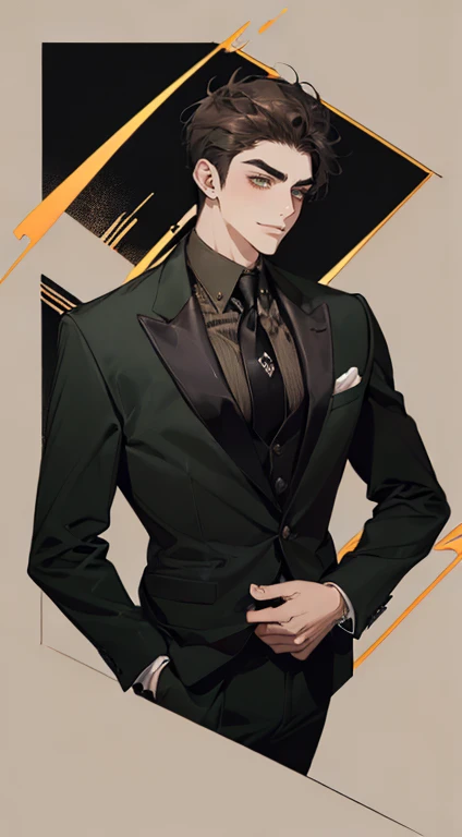 ((a young man in a black suit and tie)), taken in the early 2020s, gotham, alejandro, he looks very sophisticated, (((left side swept black short hair))), (dark green eyes and thick eyebrows), smirk. ((20 years old)), ((Black suite and black tie)), masterp...