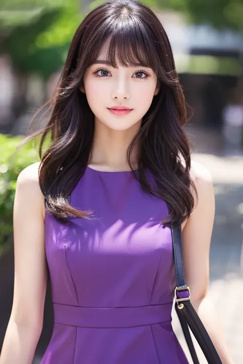 High resolution,bangs,Black Hair, Brown eyes、Shortcuts,　　　 Beautiful Face、
166 cm、2、Model body type、Purple dress、Handbags、