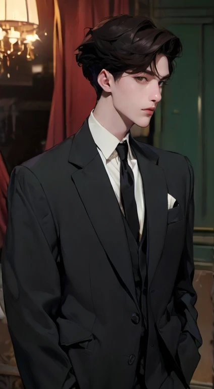 ((a young man in a black suit and tie)), taken in the early 2020s, gotham, alejandro, he looks very sophisticated, (((left side swept black short hair))), (dark green eyes and thick eyebrows), smirk. ((20 years old)), ((Black suite and black tie)), masterp...