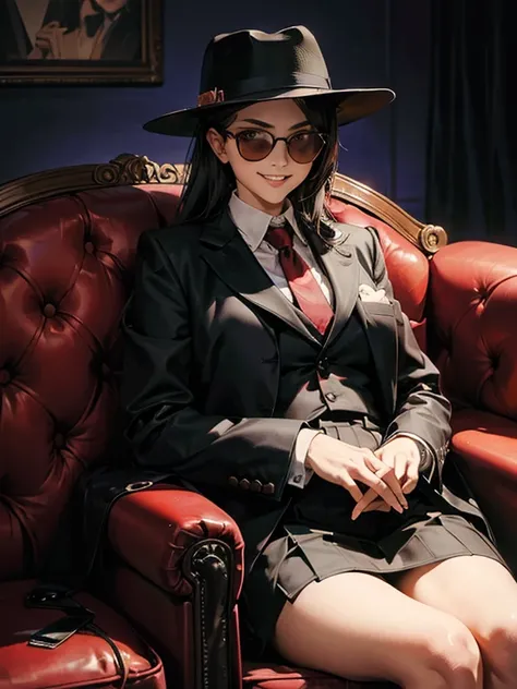 1 girl, 12 yo, Mafia Boss, A young girl pretending to be the Godfather mafia boss sitting on a brown sofa. wearing Baggy Suit, Fedora hat, stole, sunglasses. Mafia Style Cosplay, Mafia Style. Grin. 