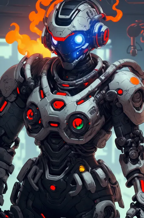 a close up of a robot in a building with a helmet on, cyberpunk flame suit, cyberpunk armor, cyberpunk suit, sci - fi suit, intricate cyberpunk armor, cybernetic fire armor, apex legends armor, cyber suit, cybernetic flame armor, clothed in sci-fi military...