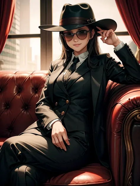 1 girl, 12 yo, Mafia Boss, A young girl pretending to be the Godfather mafia boss sitting on a brown sofa. wearing Baggy Suit, Fedora hat, stole, sunglasses. Mafia Style Cosplay, Mafia Style. Grin. 