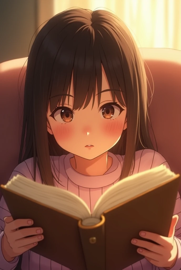 A girl reading a book facing the camera, straight hair with marsala color, in animation
