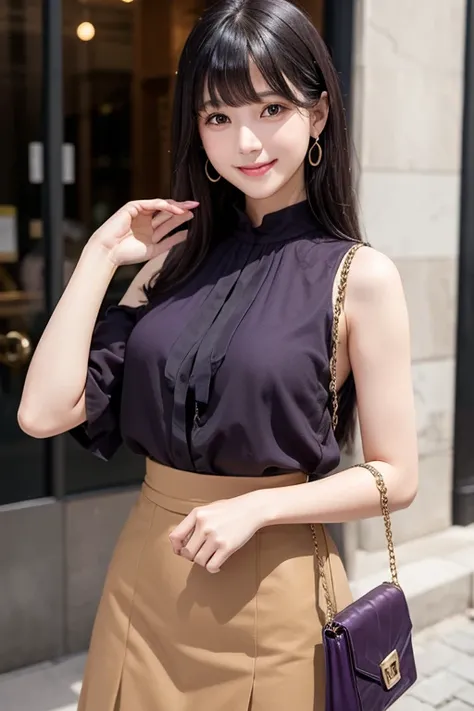 High resolution,bangs,Black Hair, Brown eyes、Shortcuts,　　　 Cute face、smile、
166 cm、2、Model body type、Black Skirt、Purple blouse、Handbags、