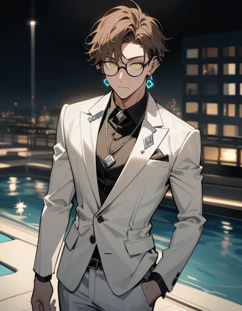 One Person, Full Body, Adult Male, Brown Hair, Short Hair, Light Yellow Eyes, Black Round Glasses, Six-packs, White Suit, Poker Face, Night Pool, Helix Earrings, Silver Necklace, Upper Body Exposed, White Short Pants, Rune Motif on Suit,