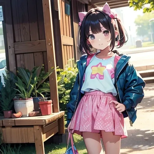 Some  Child on a picnic , kawii girl HINA,  A BRIGHT pink and YELLOW SWEATSHIRT WITH A FANCY PRINT. THERE WAS ALSO A PINK-COLORED CULOTTE , BRIGHT SOCKS WITH A STAR PATTERN, AND . IT WAS A SET OF CLOTHES THAT LOOKED LIKE SOMETHING A  WOULD WEAR. Full girls...