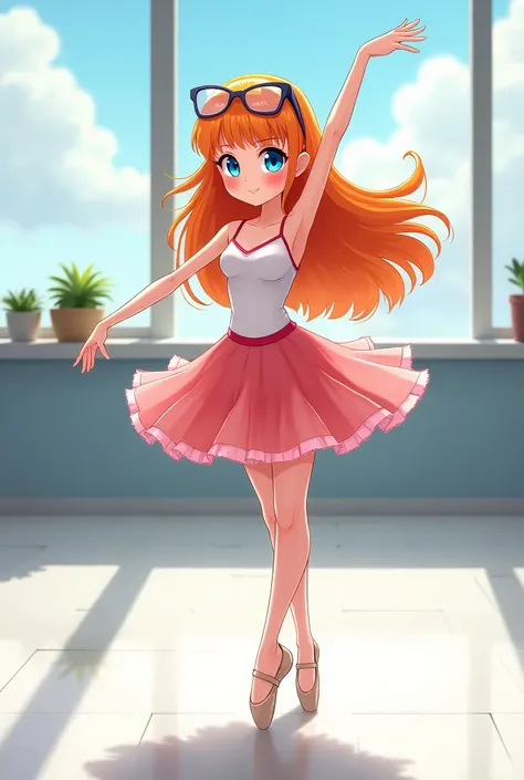 best quality, masterpiece, CARTOON_gadget_hackwrench_ownwaifu, 1girl, girl, long hair, orange hair, blue eyes, bangs, glasses, glasses on head, glasses on head, medium breasts, (wears a vibrant tutu skirt performing a ballet move in a modern dance studio: ...