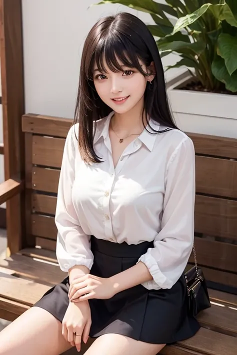 High resolution,bangs,Black Hair, Brown eyes、chest、Shortcuts,　　　 Cute face、Natural Makeup、smile、
166 cm、2、Model body type、Black Skirt、Purple blouse、Handbags、Girl sitting