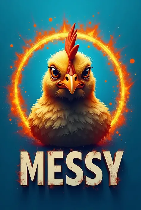 Blue background low in the middle a strong chick head below with large letters that say Messy all in a circle of fire frame