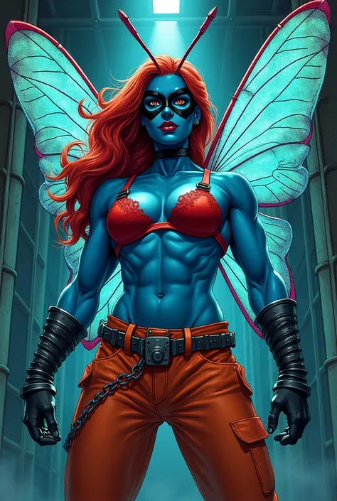 In a dramatic  comicbook, using vibrant colors, style illustrate, A super strong female supervillain with shimmering dragonfly wings that allow her to fly and delicate insect antennae that provide her with limited telepathic communication. She has tough, c...