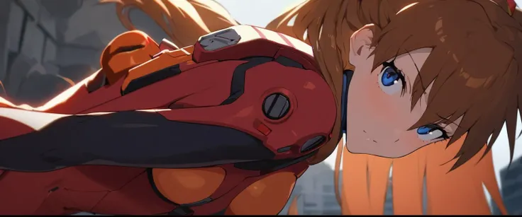 (masterpiece), Best quality expressive eyes, Perfect face, 1 Girl, Solitary, Soryu Asuka Rangra, Interface Headset, wearing a Full red EVA pilots combat suit, permanent, outdoor, Giant creatures in the background, Sufficient background lighting, portrait, ...