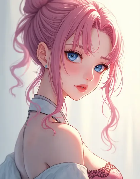 (finely detailed beautiful eyes and detailed face,Masterpiece sidelighting,Masterpiece,best quality,detailed,High resolution illustration),, (1 girl,whole body,bishoujo,shiny skin,Looking down,looking at viewer),, (pink hair,blue eyes,Loop,hanbok, korean c...