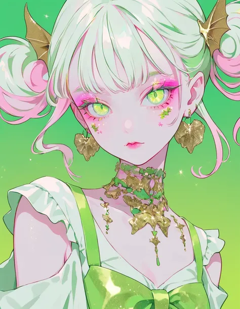 Pink and white embroidered ribbon hanging around neck、Cute girl with bat on shoulder. green gradient background, flush, Light green eyes, Fluorescent grout pink and green skirt, Green exaggerated eye makeup, fluorescent earrings, She has golden glitter and...