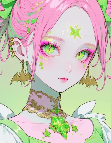 Pink and white embroidered ribbon hanging around neck、Cute girl with bat on shoulder. green gradient background, flush, Light green eyes, Fluorescent grout pink and green skirt, Green exaggerated eye makeup, fluorescent earrings, She has golden glitter and...