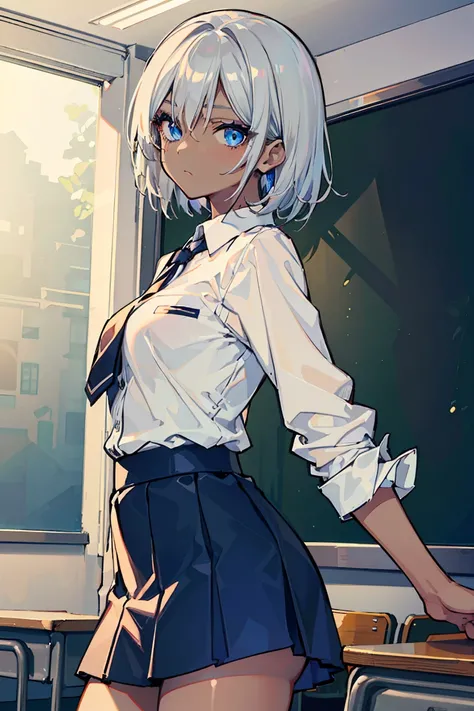 ((1 girl)), ((Dark Skin Tone)), Gray Hair, short hair, english teacher, Tight skirt, School classroom, In front of the blackboard, Cowboy Shot,((Very detailed,Best Quality, High resolution, Indifference, 8K wallpaper, formal clothing,)), (Deep blue eyes),E...