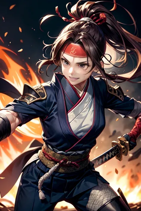 One Girl, warrior,Japanese sword,anime,Anatomically correct, A series of character actions, Ninja,ponytail, masterpiece, Textured Skin, Action Painting, Surrounded by enemies,battle,Flaming Sword,Headband,A happy look