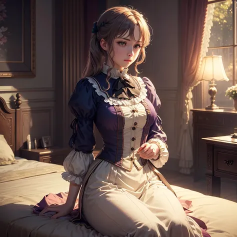 masterpiece, best quality, (very detailed unified CG 8k wallpaper), (best quality), (best illustration), (best shade), (stable diffusion model), violet evergarden, sparkling, beautiful, Victorian style bedroom, dynamic lighting, Depth of field