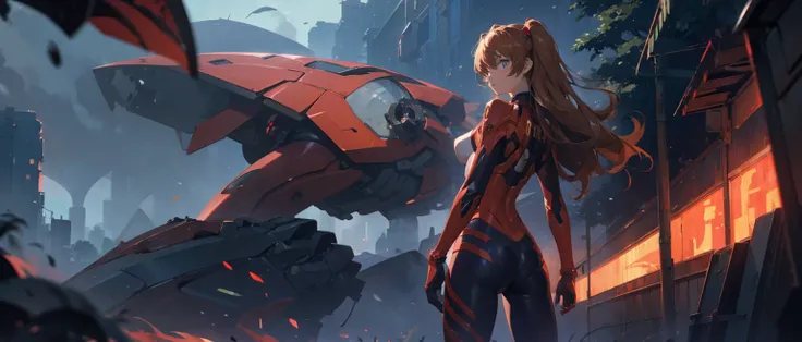 (masterpiece), Best quality expressive eyes, Perfect face, 1 Girl, Solitary, Soryu Asuka Rangra, Interface Headset, wearing a Full red EVA pilots combat suit, permanent, outdoor, Giant creatures in the background, Sufficient background lighting, portrait, ...