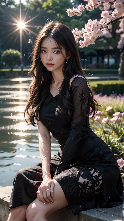 4k, ultra hd, masterpiece, 1 girl, serious face, detailed eyes, very long hair, (flare dress:1.5), (black flare dress:1.5), paisley white print, (jwellery:1.5), bere waist, in the garden, cherry blossom, rain:1.5, (water:1.5), sitting,