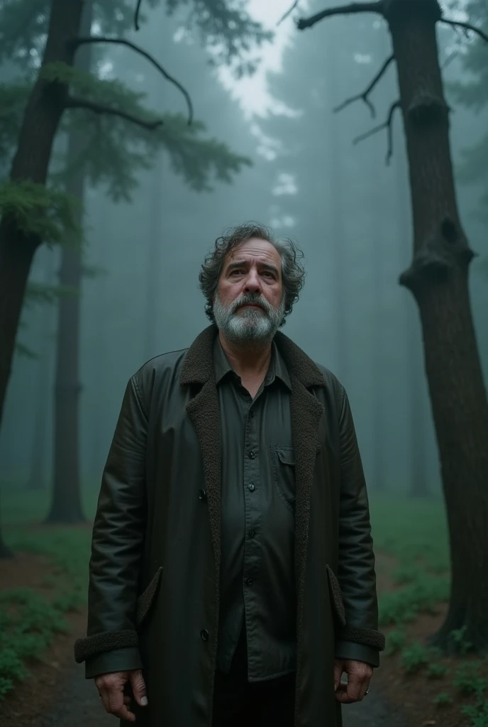 a man of about 40 years old, with his face marked by fatigue and despair, is standing under a persistent rain in a dark and dense forest. He is wearing a soaked and dirty coat., while his gaze reflects a mixture of terror and confusion at the supernatural ...