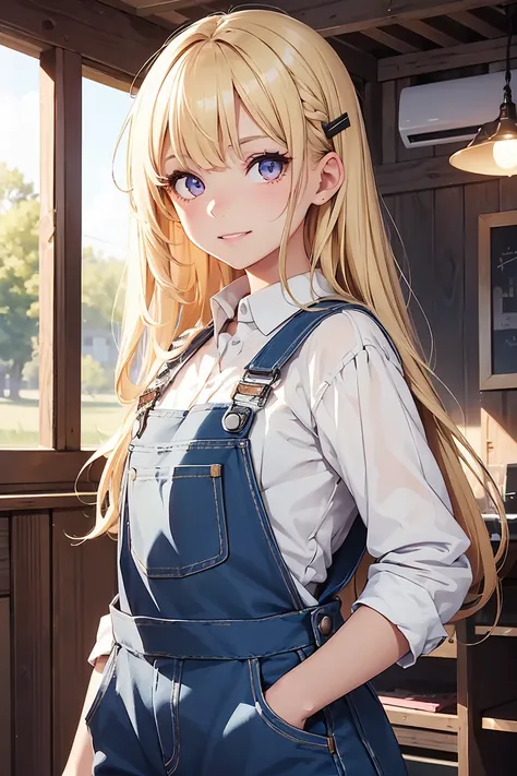 ((1 girl)),Camera angle from below, Latest Trends in Clothing, (Overalls), Put your hands in your pockets, Grin, Cute little sister, Cowboy Shot,((Super detailed,Please redeem, High resolution, 8K wallpaper, Beautiful clothes,)),((Blonde, Long Hair,Straigh...