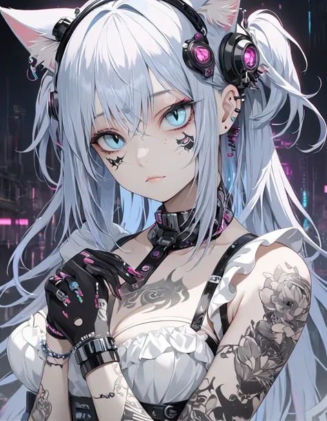 body tattoo, whole body, Cyberpunks and maids, ((masterpiece, best quality:1.5)), ((Beautiful and detailed cat watery eyes:1.2)), cat ears, white skin, Medium chest, beautiful hands, beautiful fingers, simple negative numbers