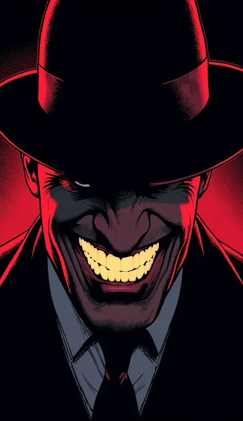 (Best illustrations:2.0),Crazy Smile,Evil Villain,Vector art, Mafia boss with a big smile,Mafia boss&#39;s face illuminated in the dark,hat,(Artistic Rendering),(Simple design:2.0)