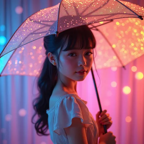 1 Girl, umbrella, Rainbow gradient, Metallic, Sparkling, 精致的umbrella, Extremely detailed face, Long eyelashes, Elegant, Beautiful posture, Detailed fabric texture, Atmospheric lighting, Cinematic Composition, high quality, 8K, Reality, masterpiece, Profess...