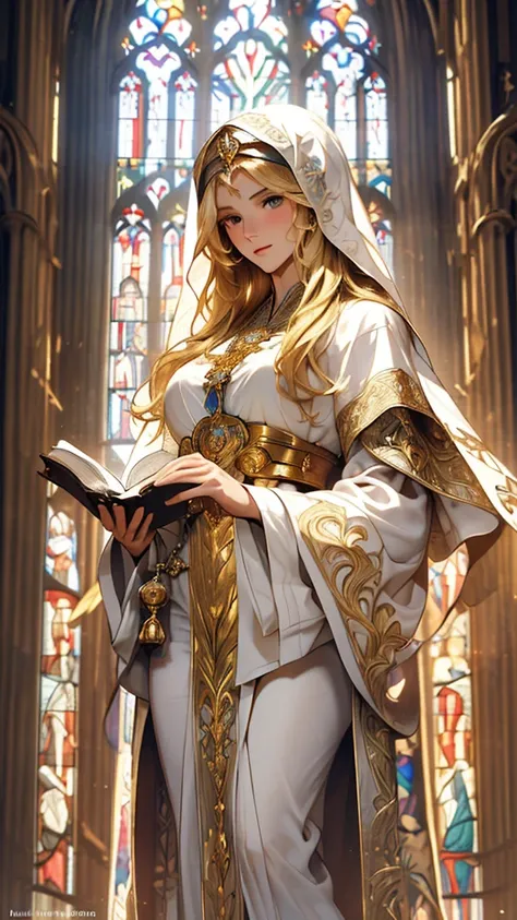 1 Caucasian woman(Very beautiful face,Perfect Face,blonde,Very Long Hair,straight,Very beautiful hair,Very beautiful religious robes,Veil,Bible open),background(cathedral,Stained Glass,Light shines from the ceiling),(Best Quality,Highest quality,masterpiec...