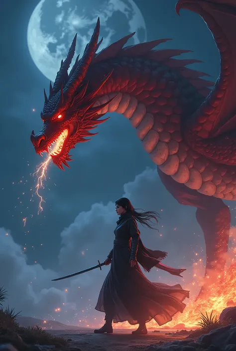 Real、Mysterious night sky shining、A large red dragon spewing fire next to a beautiful female ninja with a sword