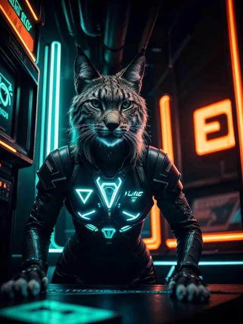 a close-up picture of a lynx in the futuristic cyberpunk neon tron world, cyberpunk city landscape, detailed intricate architect...