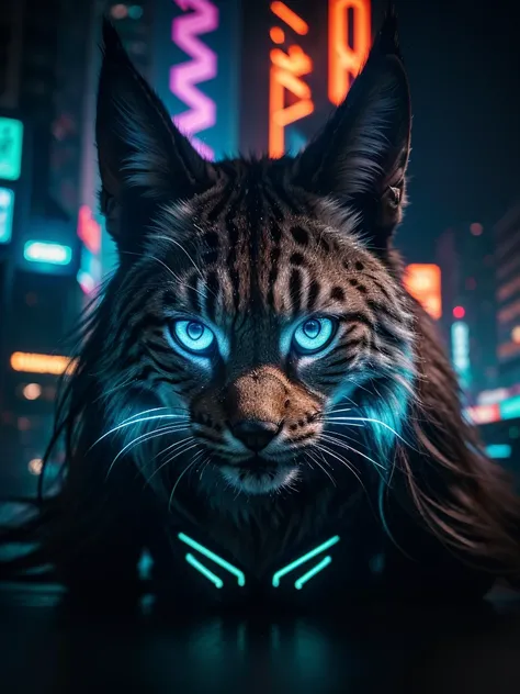 A close-up picture of a lynx in the futuristic cyberpunk neon tron world, cyberpunk city landscape, detailed intricate architecture, glowing neon lights, dramatic lighting, moody atmosphere, cinematic composition, vibrant colors, 8k, photorealistic, master...