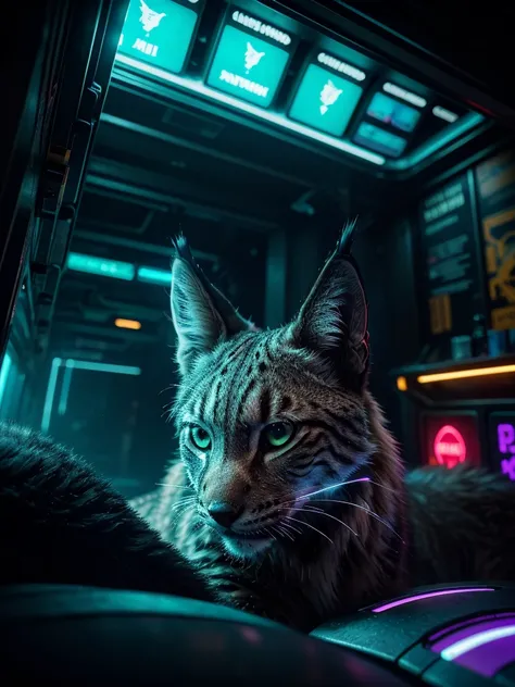 a close-up picture of a lynx in the futuristic cyberpunk neon tron world, cyberpunk city landscape, detailed intricate architect...