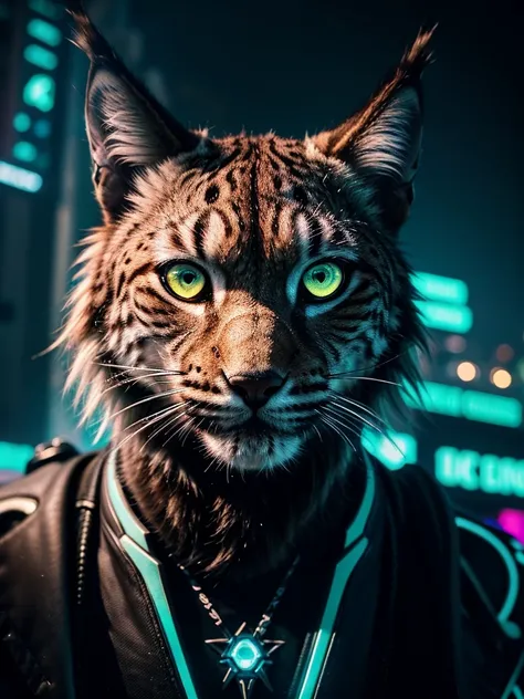 A close-up picture of a lynx in the futuristic cyberpunk neon tron world, cyberpunk city landscape, detailed intricate architecture, glowing neon lights, dramatic lighting, moody atmosphere, cinematic composition, vibrant colors, 8k, photorealistic, master...