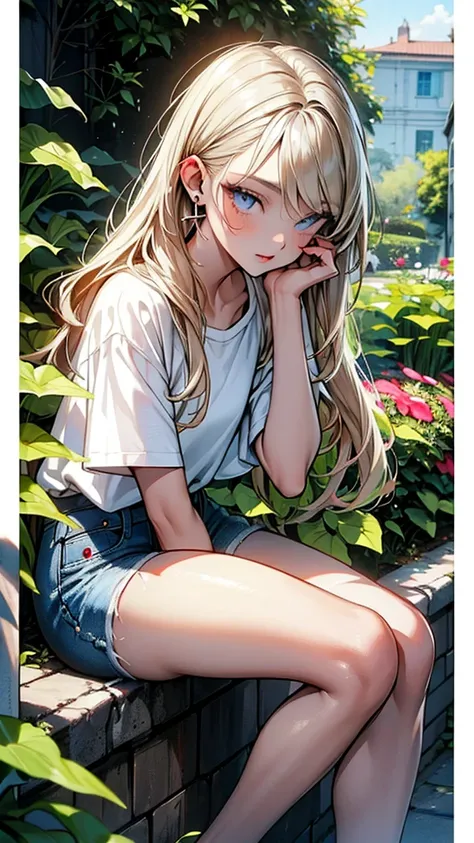 high quality, masterpiece, Ultra HD, (True: 1.4), Original image, (street), 1 girl, Dark Eyes, Looking at the audience, Long hair, Light makeup, Lips, Small ears, White T-shirt, Denim shorts, earrings, Seated Ferrari,, , Neat, garden