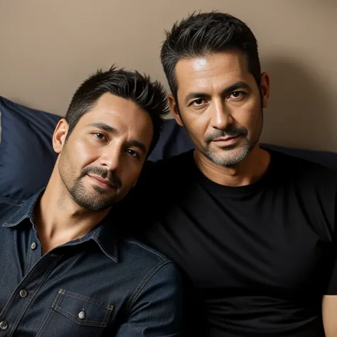 40-year-old man、Tall Man、,Black Shirt、Slim jeans　On the bed, Gay,Very short hair　,Spanish Face,、　Upper body close-up