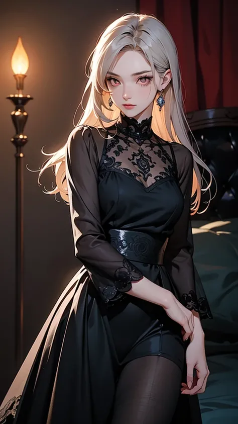 A captivating anime-style illustration. A woman with long, 47yo, straight gray hair. Piercing red eyes. Intense and mysterious expression. Slightly tilted head, looking over her shoulder. Pale skin with a cool, blueish tint on one side, contrasting with wa...