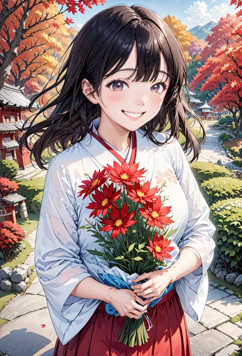 thin、cute、One Woman、japanese white clothes,red hakama,autumn leaves、Shrine grounds、Long black hair, (((Big smile)))、First Person View、Anatomically correct, 、Holding a large bouquet of cosmos in front of her chest、画面全体に大量のautumn leavesが散って、High resolution, ...