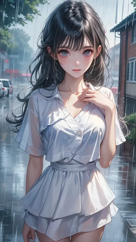 ((Best quality, 8K, masterpiece:1.3)), Key Points:1.2, Perfect body beauty:1.4, Hips:1.2, ((Layered Hairstyle, Chest:1.2)), (Wet clothes:1.1) , (rain, street:1.3), Bandeau dress: 1.1, Very detailed facial and skin texture, Beautiful eyes, Double eyelids, S...