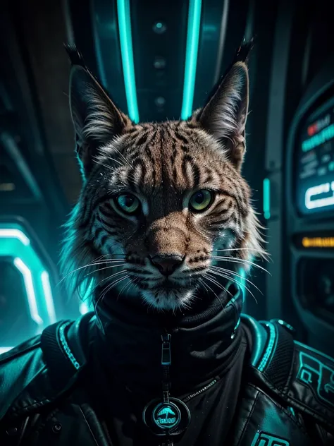 A close-up picture of a lynx in the futuristic cyberpunk neon tron world, cyberpunk city landscape, detailed intricate architecture, glowing neon lights, dramatic lighting, moody atmosphere, cinematic composition, vibrant colors, 8k, photorealistic, master...