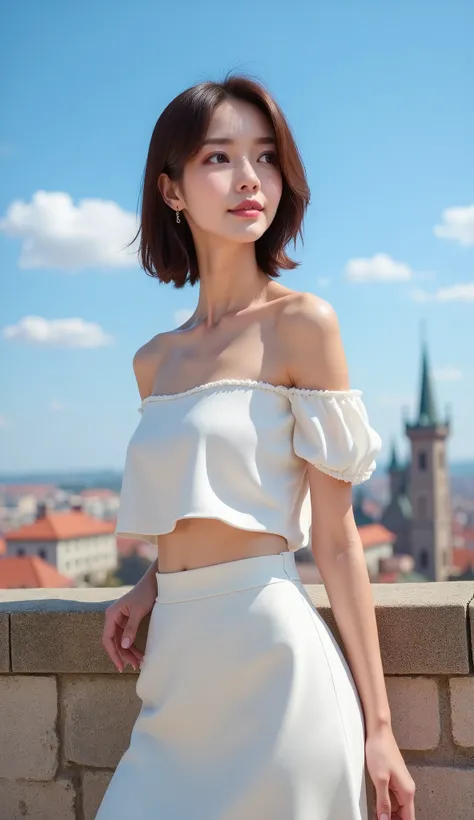 A highly detailed and photorealistic image of an East-Asian woman standing outdoors against a stone wall on a sunny day. She is wearing a stylish white outfit consisting of an off-shoulder blouse with a slight ruffle and a high-waisted skirt that moves gen...