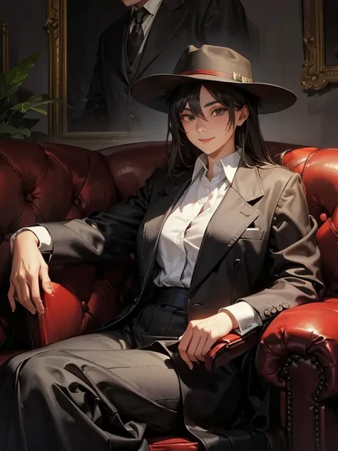 1 girl, 12 yo, Mafia Boss, A young girl pretending to be the Godfather mafia boss sitting on a brown sofa. wearing Baggy Suit, Fedora hat, stole. Mafia Style Cosplay, Mafia Style. Fearless Smile. ((masterpiece)), (best Quality), extremely detailed.