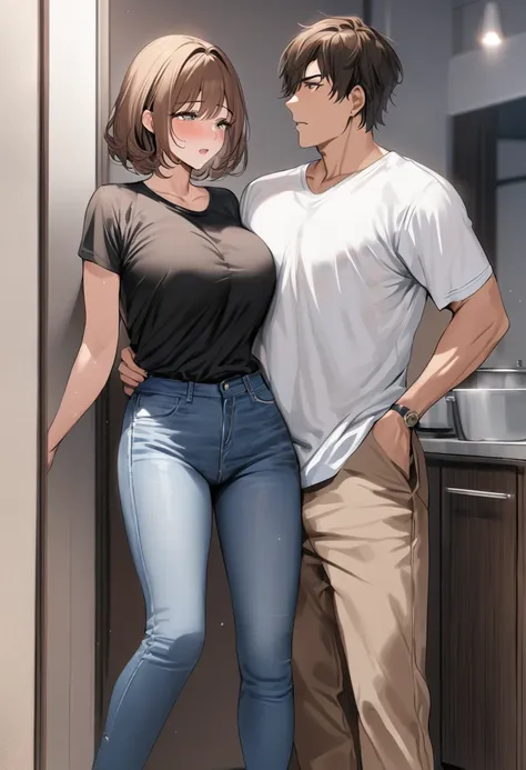 ((best quality)), ((masterpiece)), (detailed), (one woman, one man, facing each other), sexy, height１６８a housewife with black ha...