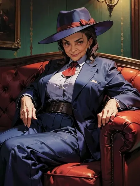 1 granny, 92 yo, Mafia Boss, A Old Granny pretending to be the Godmather mafia boss sitting on a brown sofa. wearing Baggy Suit, Fedora hat, stole. Mafia Style Cosplay, Mafia Style. Fearless Smile. ((masterpiece)), (best Quality), extremely detailed.