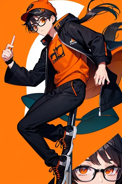 A guy wearing an orange winter hat with white details, black glasses, orange eyes, sweatshirt orange , black jacket, black pants, black shoes, black hair